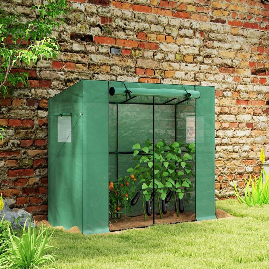 Outsunny 6.6' X 2.5' X 5.6' Lean-To Small Greenhouse For Outdoors With UV-Resistant PE Cover, Walk-In Portable Greenhouse With Roll-Up Door - màu xanh lá - Xem 1