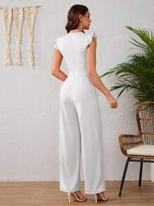 Elegante Mono Liso De Pierna Ancha Para Mujeres,Mono Unicolor De Hueco Y Empalme De Encaje,Mono Sin Mangas Con Volantes Para Primavera y Verano