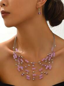 1pc Middle Eastern Style Bamboo Knot Layered Necklace & 1 Pair Glass Bead Earrings, Fashionable Jewelry Set For Women