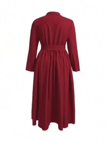 Plus Size Solid Button Front Long Sleeve Shirred Waist Long Dress, Minimalist Style - Burgundy - View 2