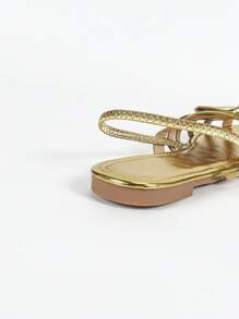 Novos Sapatos Flats Dourados de Ponta Aberta de Alta Gama com Laço, Tira Elástica e Recorte