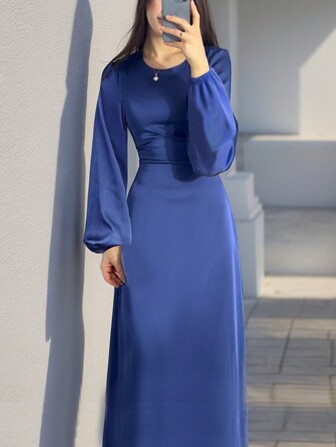 Women Solid Color Round Neck Elegant Lantern Sleeve Simple Waisted Dress, Modest