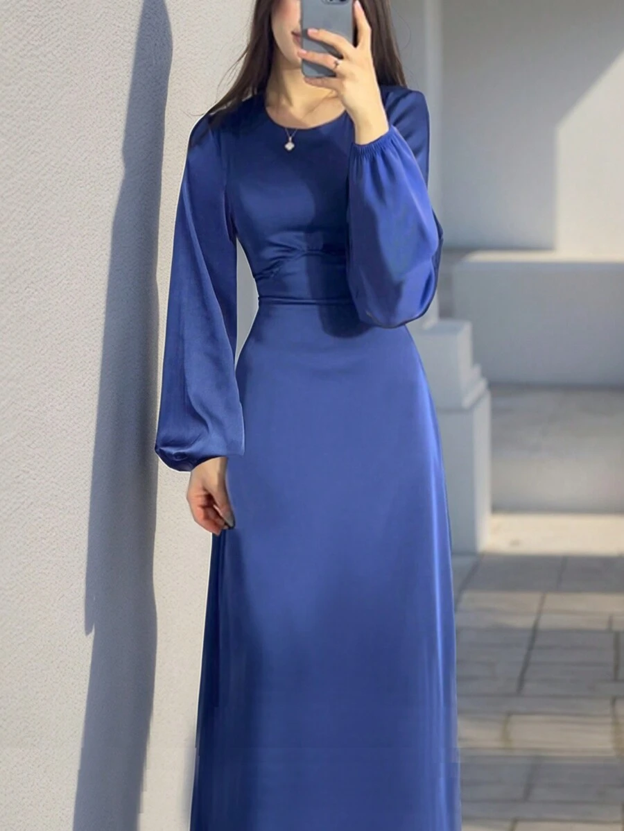 Women Solid Color Round Neck Elegant Lantern Sleeve Simple Waisted Dress, Modest - Blue - View 1