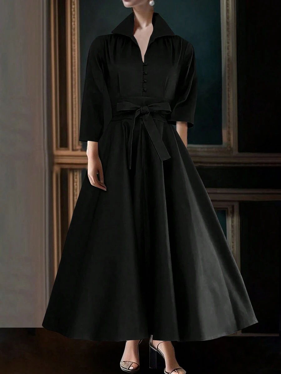 Stand Collar Button Decor A-Line Dress For Women - Black - View 1