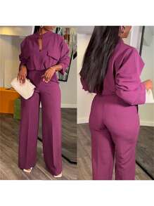 Women's Plus Size V-Neck Top Wide Leg Pants Set - Purple - View 4