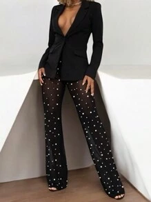 Women Mesh Sheer See Through Bead Pants Elastic High Waist Flare Long Legging Trouser - Black - View 2