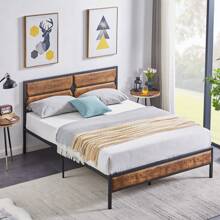 VECELO Single Double Size Bed Frame With Wooden Headboard And Footboard, Steel Slat Support, No Box Spring Needed, Easy Assembly - Brown - View 3