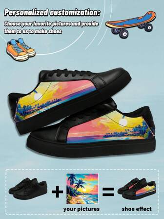 Aangepaste PU-skateboardschoenen voor heren, gepersonaliseerd aangepast fotoontwerp, zachte zool, lichtgewicht, antislip, slijtvast, comfortabele casual sneakers voor alle seizoenen, unieke geschenken voor mannen en vrouwen