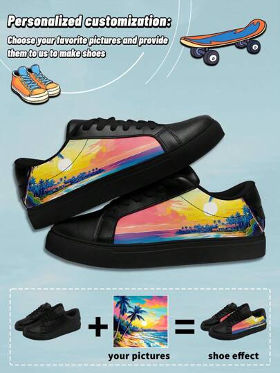 Skräddarsydda skateboardskor i PU för män, personlig anpassad fotodesign, mjuk sula, lätt halkfri, slitstark, bekväma fritidssneakers för hela säsongen, unika presenter för män och kvinnor