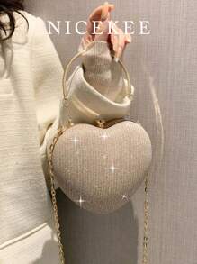 New Classic Luxury Style Women's Evening Bag Fashionable Solid Color Chain Heart-Shaped Handbag Portable Versatile Elegant Shoulder Crossbody Bag Can Hold Lipstick Change Mobile Phone Suitable For Parties Dinner Dance Wedding.