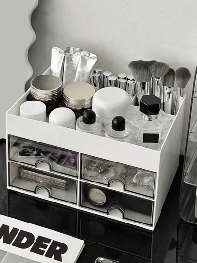 1개 메이크업 수납 박스, 서랍 포함 데스크탑 수납, 다중 격자 대용량 화장품 디스플레이 케이스, 메이크업 브러시 홀더, 립스틱, 쥬얼리, 매니큐어, 스킨케어 제품 보관에 적합, 욕실 화장대 정리대, 드레싱 테이블 장식, 문구 용기, 학교 준비물, 홀리데이 선물, 크리스마스 선물