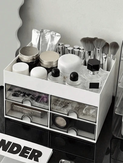 1个带抽屉的化妆品收纳盒，大容量化妆品整理盒，化妆刷收纳架，适合存放口红、珠宝、美甲用品、护肤品，也可用于浴室梳妆台、桌面装饰、文具、返校用品、节日礼物、圣诞礼物等。