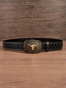 1件女士新款黑色牛街PU（聚氨酯）腰带，手工橙色压纹PU外套连衣裙，百搭西式风格，适合日常穿着 - 黑色 - 查看 2