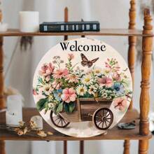 1 Peça Placa de Boas-Vindas Redonda de Madeira de 8 Polegadas com Design Floral e de Borboleta, Decoração de Parede Vintage. Adequado para Varanda, Casa, Entrada, Ótimo Presente para Decoração de Quarto de Amigos, Decoração de Jardim, Decoração de Casamento, Decoração de Casa