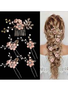 5件套精致粉色花朵发夹，适合新娘婚礼宴会、发饰、情人节配饰