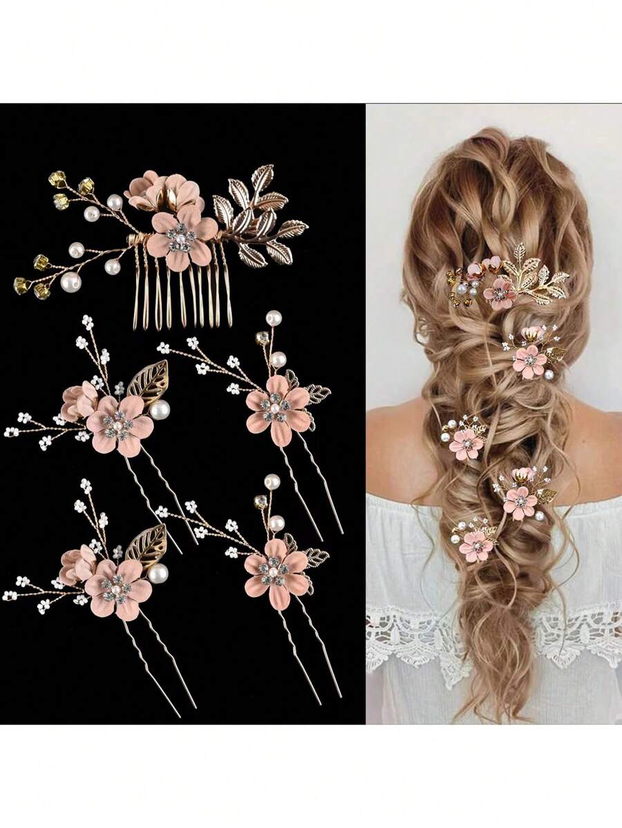 5件套精致粉色花朵发夹，适合新娘婚礼宴会、发饰、情人节配饰