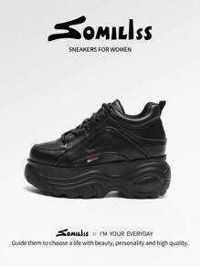somiliss 1 Pair Women's Casual Lace-Up Sneakers, Black Faux Leather, Lightweight & Comfortable, Fashionable Low-Top Thick Sole 8cm Platform, Suitable For Outdoor Sports, Autumn/Winter 2025 New Arrival - Black - View 3