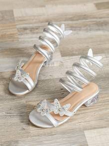 银色女童凉鞋，儿童高跟凉鞋，女童露趾鞋，夏季儿童鞋，高跟鞋 - 銀色 - 查看 6
