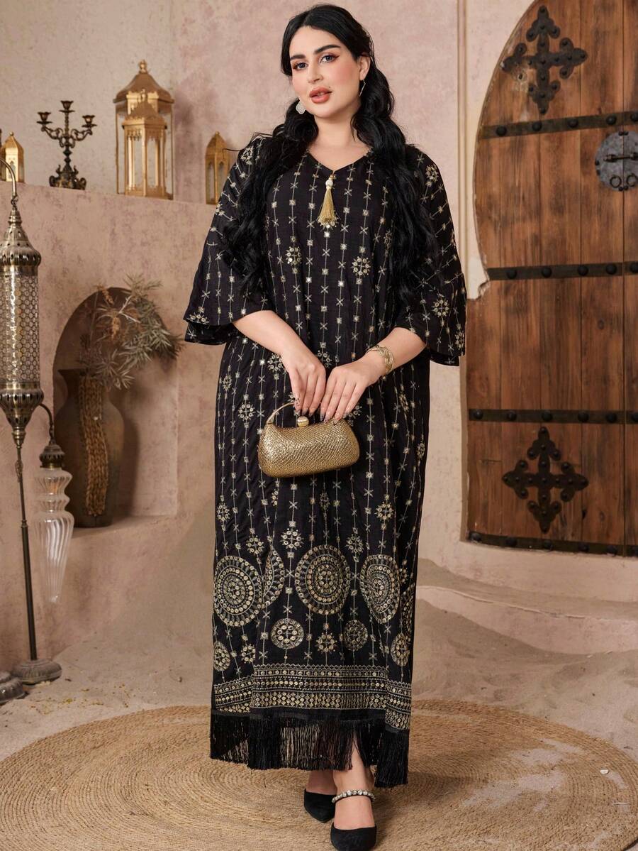 2026新款斋月传统优雅刺绣串珠金色流苏V领阿拉伯女装