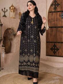 2026新款斋月传统优雅刺绣串珠金色流苏V领阿拉伯女装 - 黑色 - 查看 8