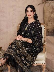 2026新款斋月传统优雅刺绣串珠金色流苏V领阿拉伯女装 - 黑色 - 查看 11