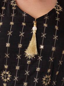 2026新款斋月传统优雅刺绣串珠金色流苏V领阿拉伯女装 - 黑色 - 查看 4