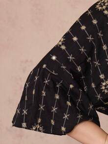 2026新款斋月传统优雅刺绣串珠金色流苏V领阿拉伯女装 - 黑色 - 查看 5