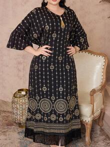 2026新款斋月传统优雅刺绣串珠金色流苏V领阿拉伯女装 - 黑色 - 查看 6