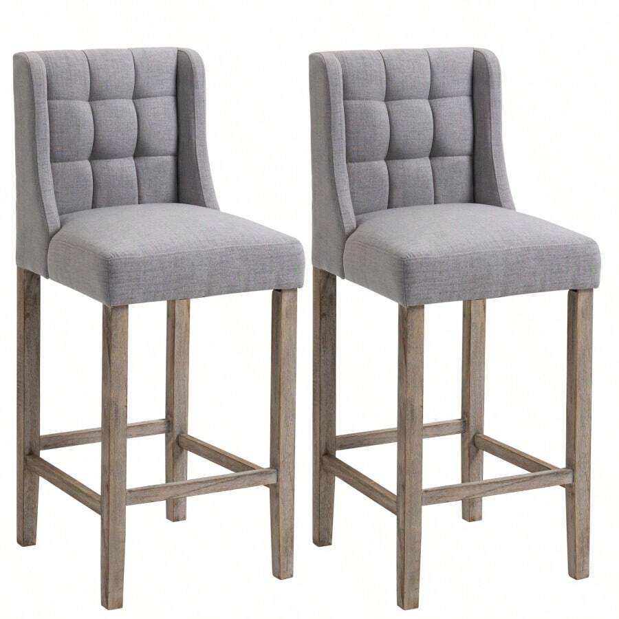 Taburetes de bar modernos, taburetes de bar tapizados con mechones, sillas de pub con respaldo, patas de madera de caucho para cocina, comedor, juego de 2, gris