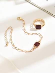 2 件女士时尚首饰套装，经典别致滴油立方体几何项链和戒指套装，百搭日常和节日礼物 - Golden - 查看 4