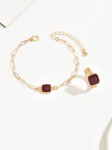 2 件女士时尚首饰套装，经典别致滴油立方体几何项链和戒指套装，百搭日常和节日礼物 - Golden - 查看 3