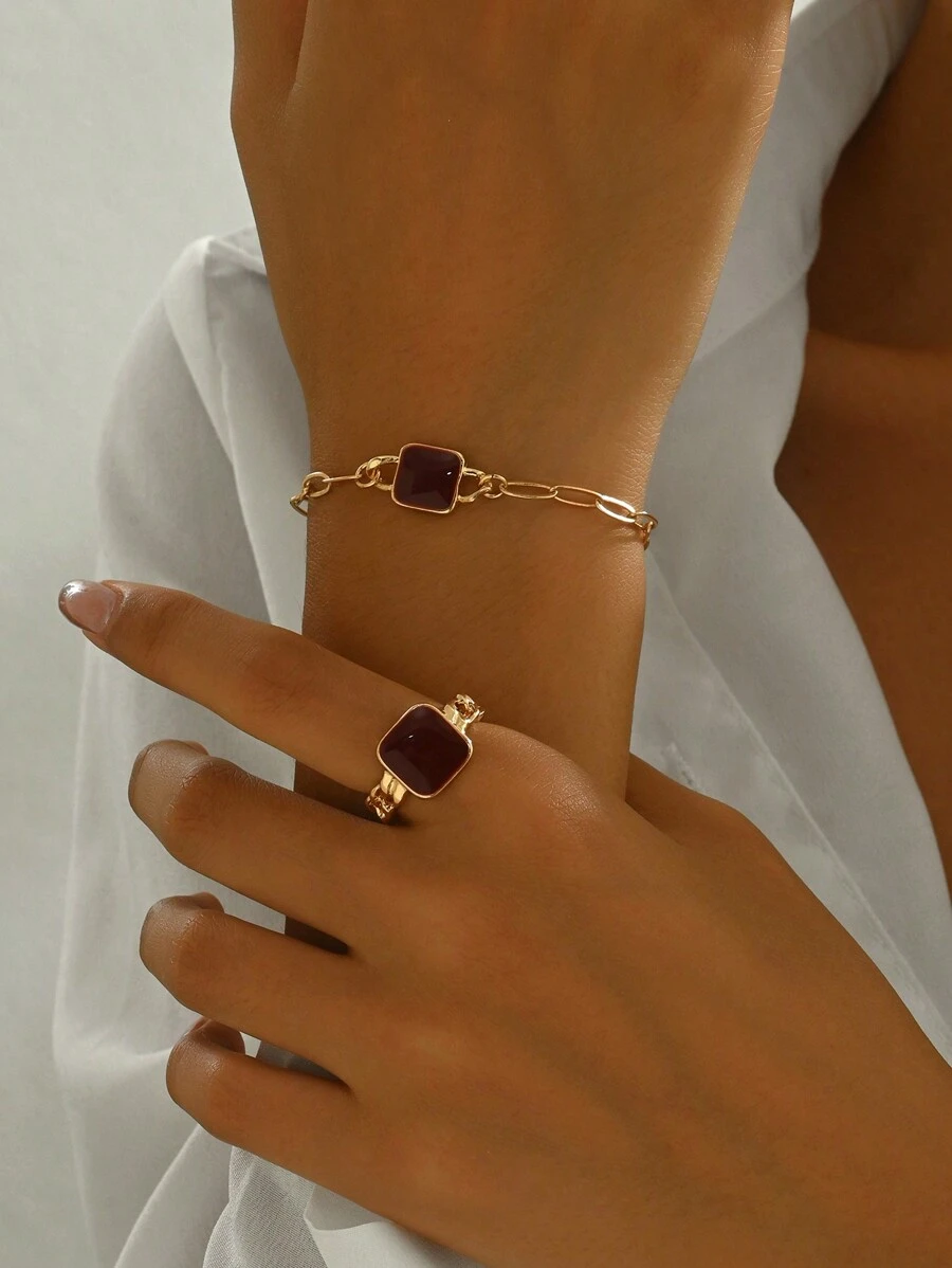 2 件女士时尚首饰套装，经典别致滴油立方体几何项链和戒指套装，百搭日常和节日礼物 - Golden - 查看 1