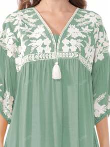 RAMADAN Floral Embroidered Patchwork Tasseled Drop Shoulder Arabian Women Elegant Dress JALABIA 2025 Spring Summer Eid Al Adha,Modest
