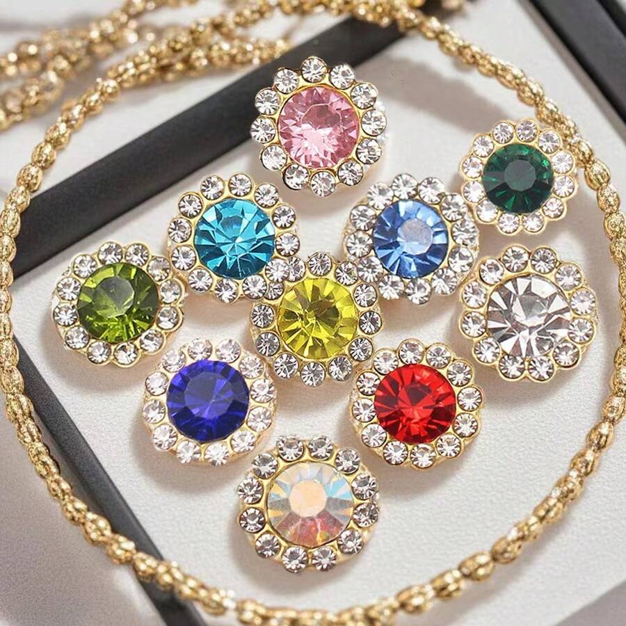 50 件混色 10 毫米/12 毫米向日葵水钻纽扣，双花设计，DIY 缝制装饰品，适用于发饰、蝴蝶结和工艺品 - 彩色 - 查看 1