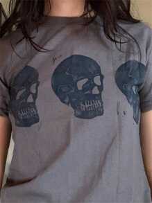 Women Grunge Loose Fit T-Shirt Graphic Printed Tees Summer Casual Vintage Short Sleeve Round Neck Skull Head Print Tops Summer Outfit For Teen Girls E-Girl Streetwear Teen Girls Aesthetic Clothes