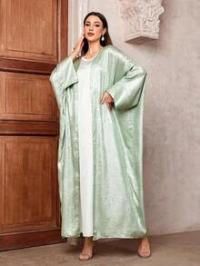 One Piece Women's Shiny Batwing Satin Open Kimono Abaya Muslim Kaftan Dress Islam Clothing Robe Outwear Long Coat - Mint Green - View 4