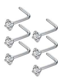 6pcs/Set Stainless Steel Nose Studs Stylish Rhinestone Decor Nose Stud For Women & Men 20G L-Shaped Nose Piercing Jewelry 3MM,Nose Stud Set, Stainless Steel Jewelry, Stainless Steel Jewelry Set - View 2