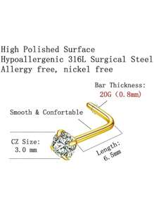 6pcs/Set Stainless Steel Nose Studs Stylish Rhinestone Decor Nose Stud For Women & Men 20G L-Shaped Nose Piercing Jewelry 3MM,Nose Stud Set, Stainless Steel Jewelry, Stainless Steel Jewelry Set - View 3