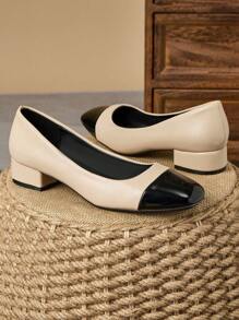 女士时尚方头石纹套脚高跟鞋，休闲复古百搭高端鞋履，适合度假、旅行、购物、户外活动，杏色 - 卡其色 - 查看 4