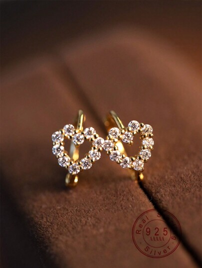 1 par de brincos de prata esterlina 925 e banhados a ouro 18K, versáteis e luxuosos com strass em formato de coração para meninas