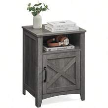Farmhouse Nightstand With Barn Door, Bedside Table With Storage, Side End Table, Night Stand With Open Compartment, For Bedroom, Misty Gray ULET609G68