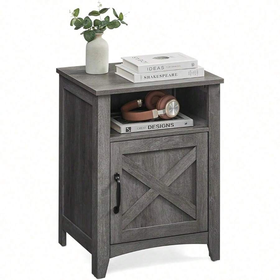 Farmhouse Nightstand With Barn Door, Bedside Table With Storage, Side End Table, Night Stand With Open Compartment, For Bedroom, Misty Gray ULET609G68