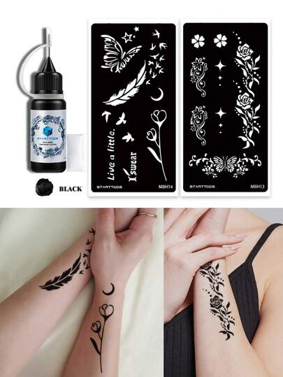 STARTTOOS 2pcs Hollow Floral & Feather Temporary Tattoo Stencils + 1 Bottle Black Juice Tattoo Ink, Handmade Piercing Stencils For Finger, Wrist, Body, Unisex Semi-Permanent Waterproof Fake Tattoo Set