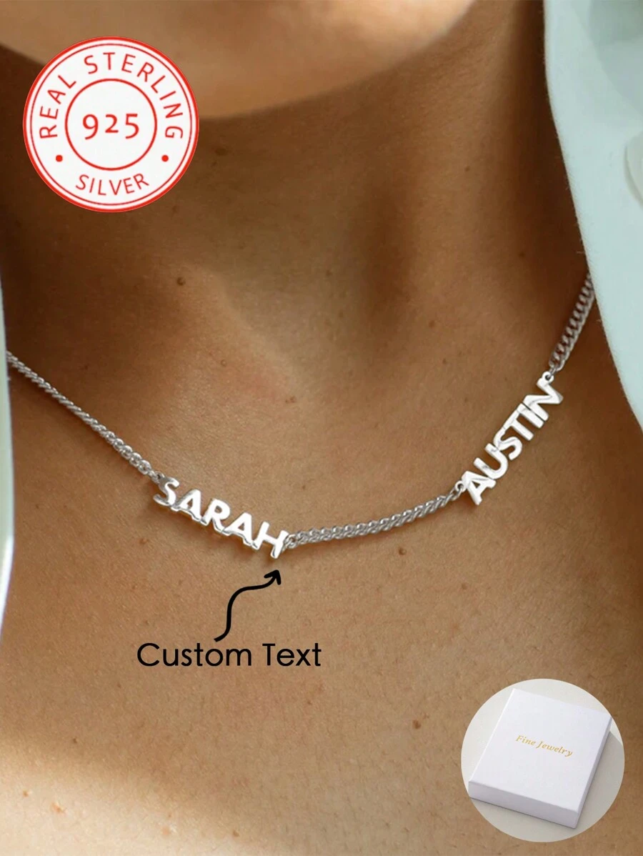 A 925 Silver, Light Luxury Egyptian Cuban Style Minimalist Stainless Steel Custom Necklace, Customizable With 2-3 English Names, Dates, Numbers, Valentine's Day, Parties, Banquets, Anniversaries, Birthdays, High-Quality Jewelry Accessories And Gifts For Women, Silver, Stylish, Colorful, Ideal Gifts For Her, Her, Boyfriend, Girlfriend, Dad, Mom, Family, Friends, For Anniversaries, For Graduation, For Prom, For Party, High School Senior High School Students, College Students, University Students, Freshman, Sophomore, Underclassmen - Multicolor - View 1