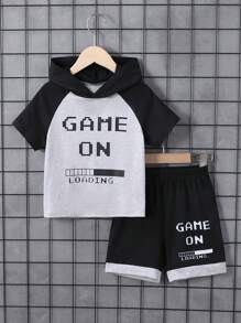 2pcs Set Young Boy Casual Slogan Print Splicing Shoulder Short Sleeve Hoodie T-Shirt & Shorts Set, Suitable For Summer Outdoor, Casual Daily, School Wear - Grey - View 1