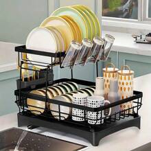 2 Tier Dish Bowl Drainer Storage Rack Kitchen Dish Drying Rack With Drain Basket Countertop Dinnerware Organizer Drainboard 2025 - Black - View 2