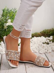 Plus Size Fashion Pearl Decor Flat Mule Sandals, Open Toe, Slip-On, Suitable For Casual, Beach, Holiday Wear - Beige - View 6