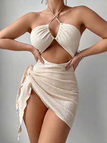 1 件女式纯色纹理镂空露背连体衣和三角形迷你罩衫裙套装，适合夏季海滩度假 - 米色 - 查看 1