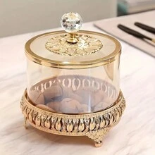 1pc European American Style Living Room Coffee Table Lace Candy Jar, Luxury Crystal Glass Storage Jar With Lid, Home Decor, Dry Flower Holder, Multi-Function Storage Box For Cleaning Swabs, Wet Wipes, Etc.