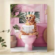 1PC Golden Retriever Reading On Toilet Canvas Print - Funny Bathroom Wall Art, Modern Retro Art Deco Dog Poster- Ink Art Medium - Animal Theme - Perfect Gift For Dog Lovers - Suitable For Living Room, Bedroom, Kitchen, Office(No Frame)